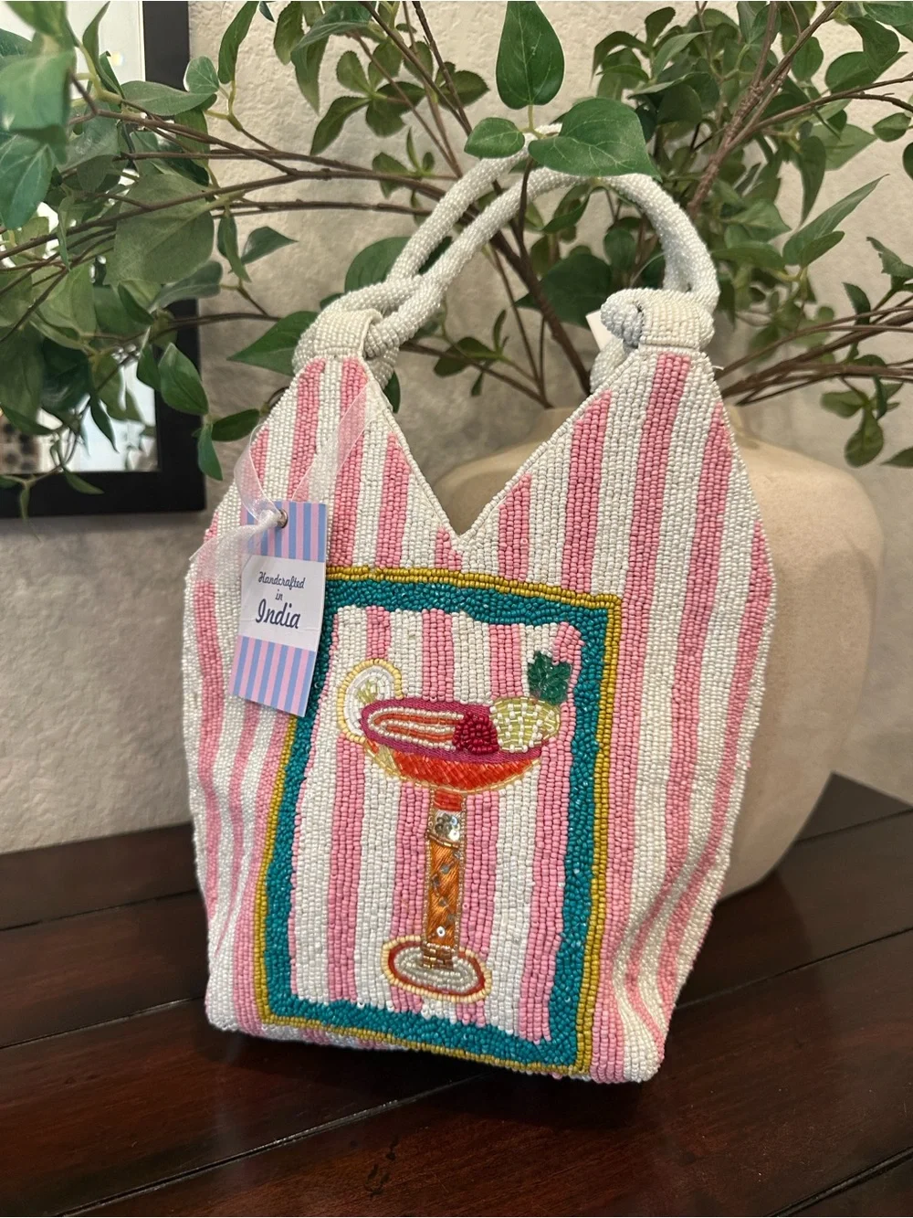 Handcrafted Pink & White Beaded Cocktail Tote -